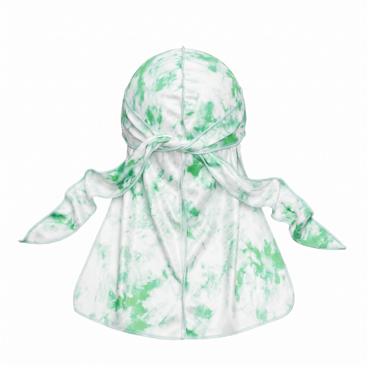 Green Tye Dye Satin Silky Durag - premium silky durag back view showing wrap straps, tail and stitching