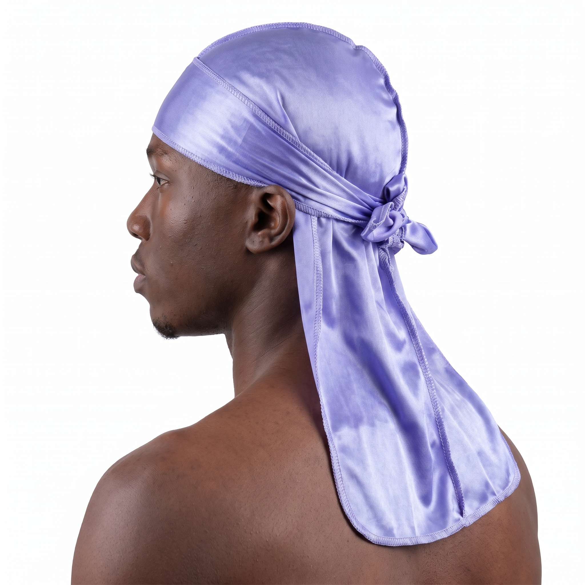 Premium Silk Durag Moonlight Blue worn by male model, side profile showing fit and tail drape