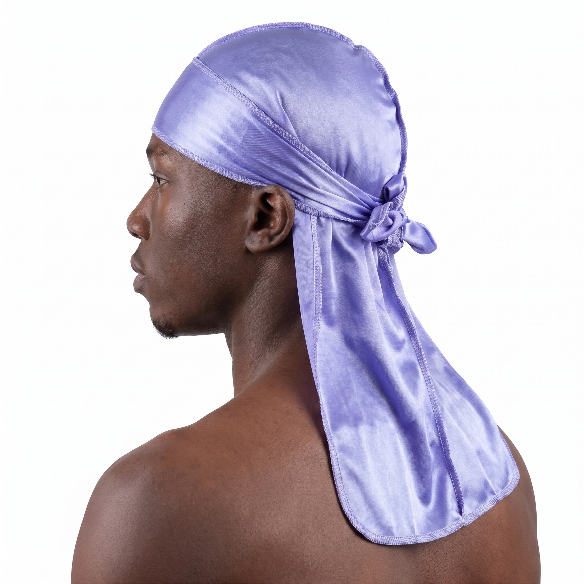 Premium Silk Durag Moonlight Blue worn by male model, side profile showing fit and tail drape