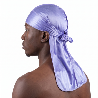 Premium Silk Durag Moonlight Blue worn by male model, side profile showing fit and tail drape