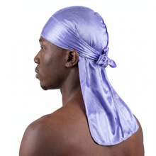Premium Silk Durag Moonlight Blue worn by male model, side profile showing fit and tail drape