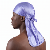 Premium Silk Durag Moonlight Blue worn by male model, side profile showing fit and tail drape