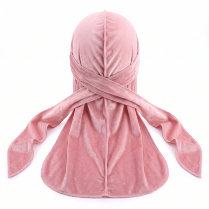 Premium Powder Pink Velvet Durag - premium velvet durag back view showing wrap straps, tail and stitching