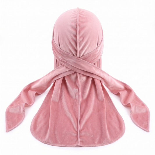 Premium Powder Pink Velvet Durag - premium velvet durag back view showing wrap straps, tail and stitching