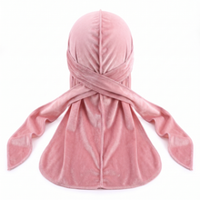 Premium Powder Pink Velvet Durag - premium velvet durag back view showing wrap straps, tail and stitching