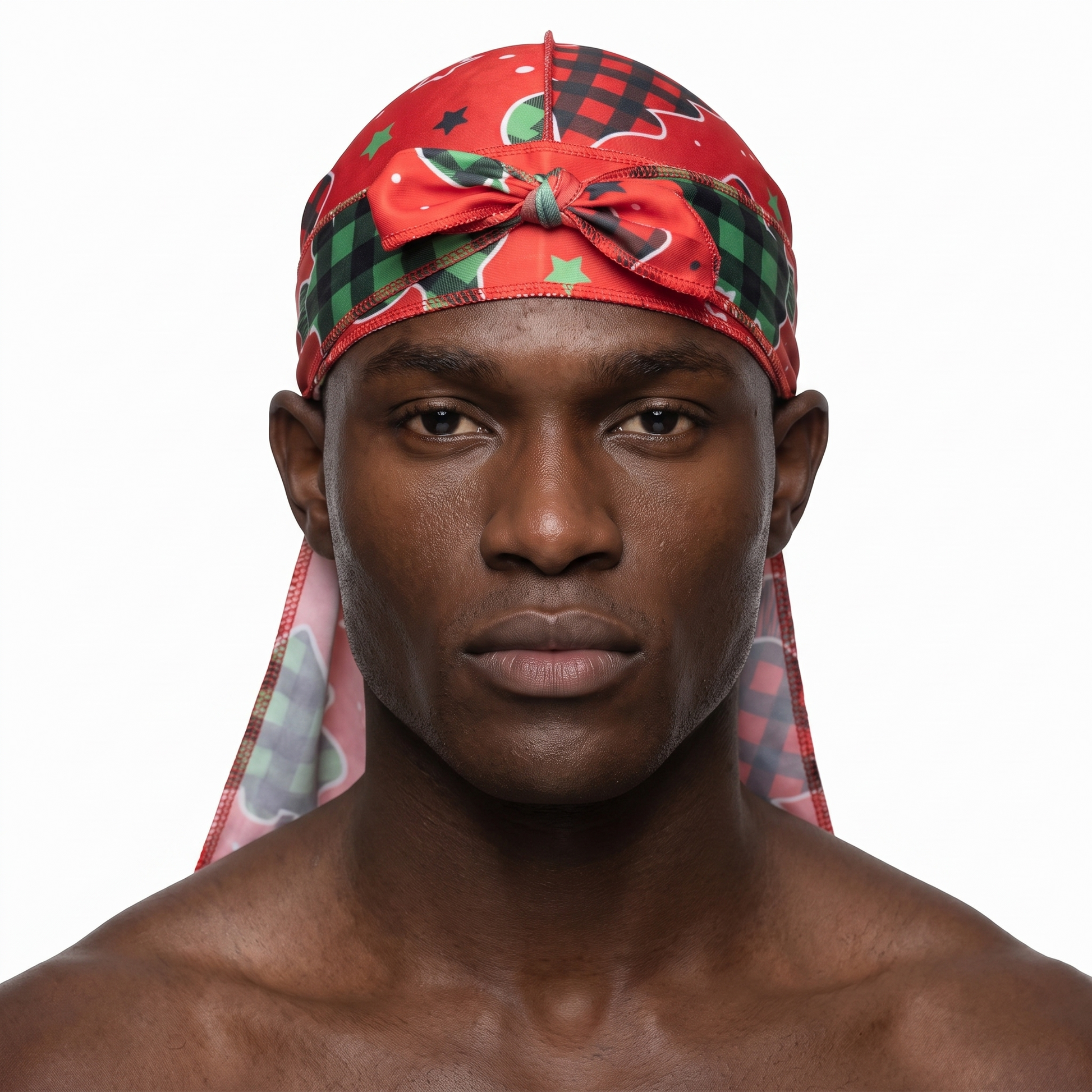Christmas Time Red holiday Satin Silky Durag worn by male model, front view on white background