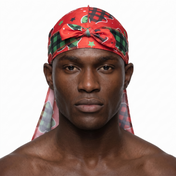 Christmas Time Red holiday Satin Silky Durag worn by male model, front view on white background