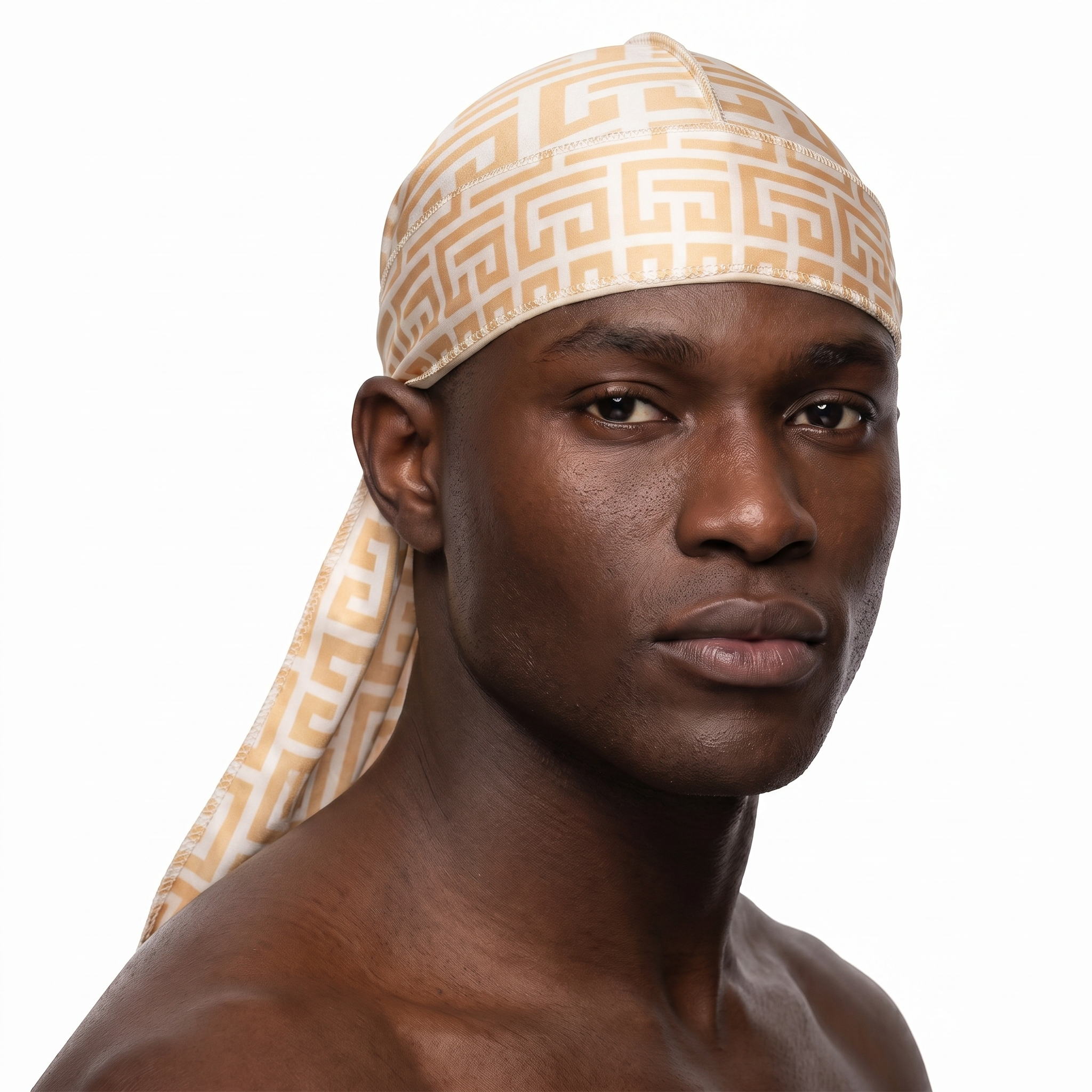 Sand Maze geometric Satin Silky Durag worn by male model, front view on white background