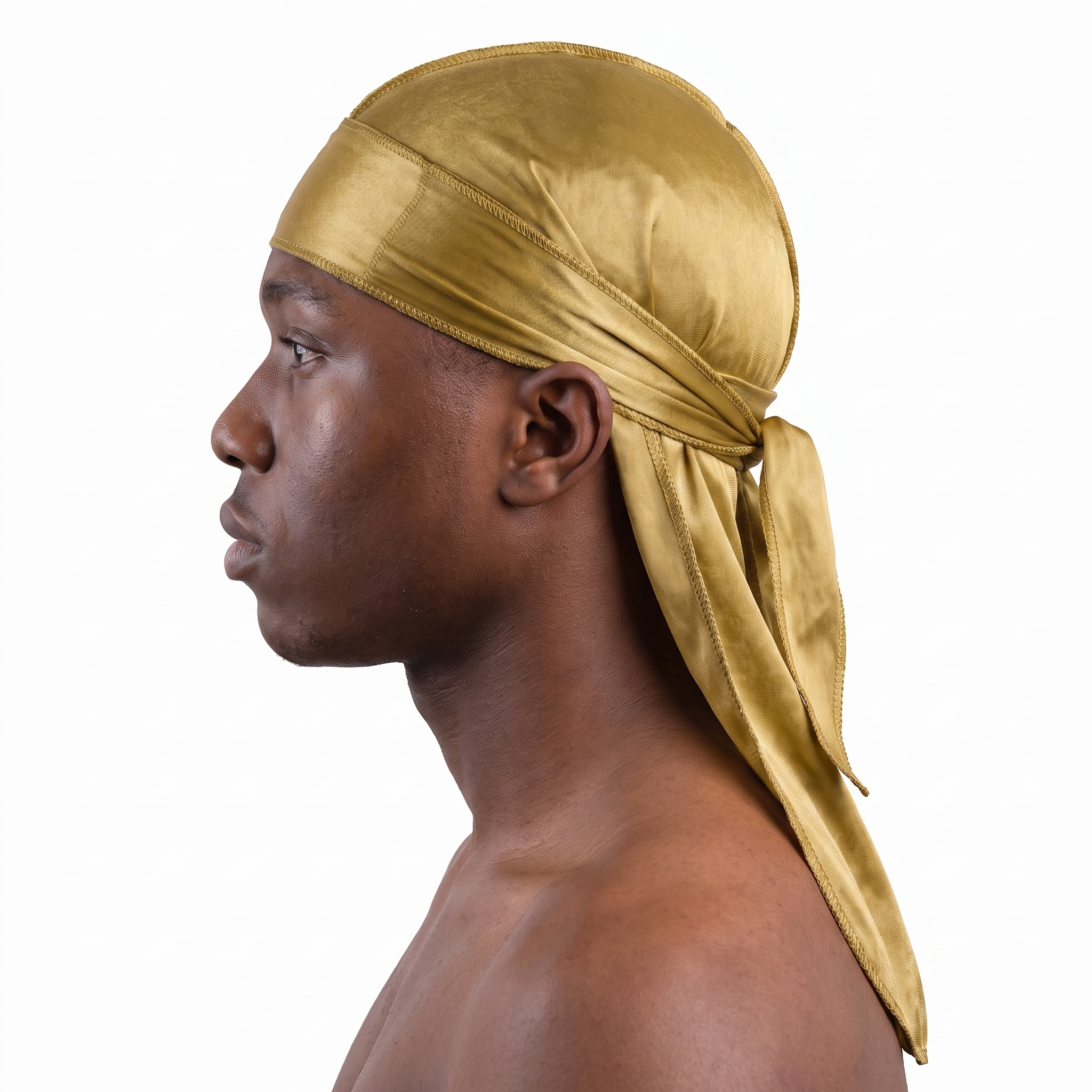 Premium Gold Silk Durag worn by male model, side profile showing fit and tail drape