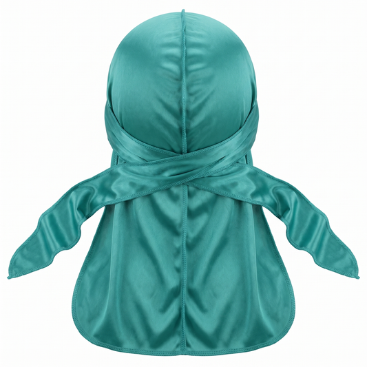 Premium Jade Green Silk Durag - premium heavy silky durag back view showing wrap straps, tail and stitching