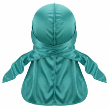 Premium Jade Green Silk Durag - premium heavy silky durag back view showing wrap straps, tail and stitching