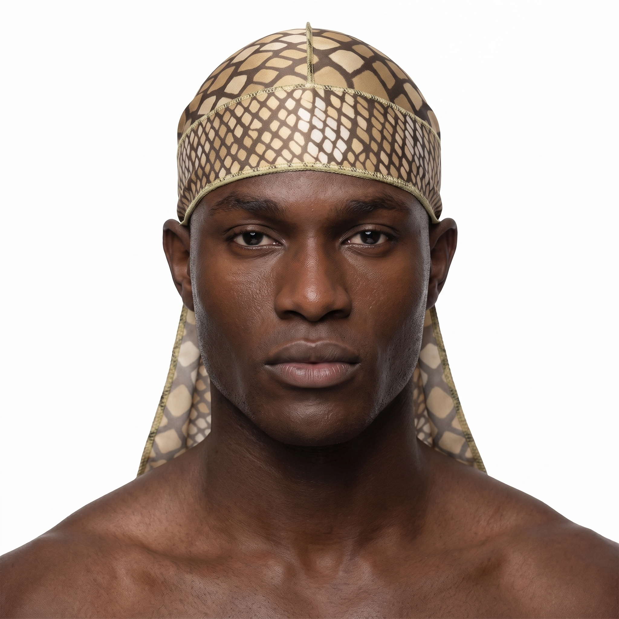 Tan reptile snakeskin Satin Silky Durag worn by male model, front view on white background