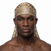 Tan reptile snakeskin Satin Silky Durag worn by male model, front view on white background