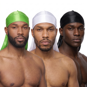 Premium Silk Durag Bundle Lime Green - three models wearing Lime Green, White and Black heavy silky durags
