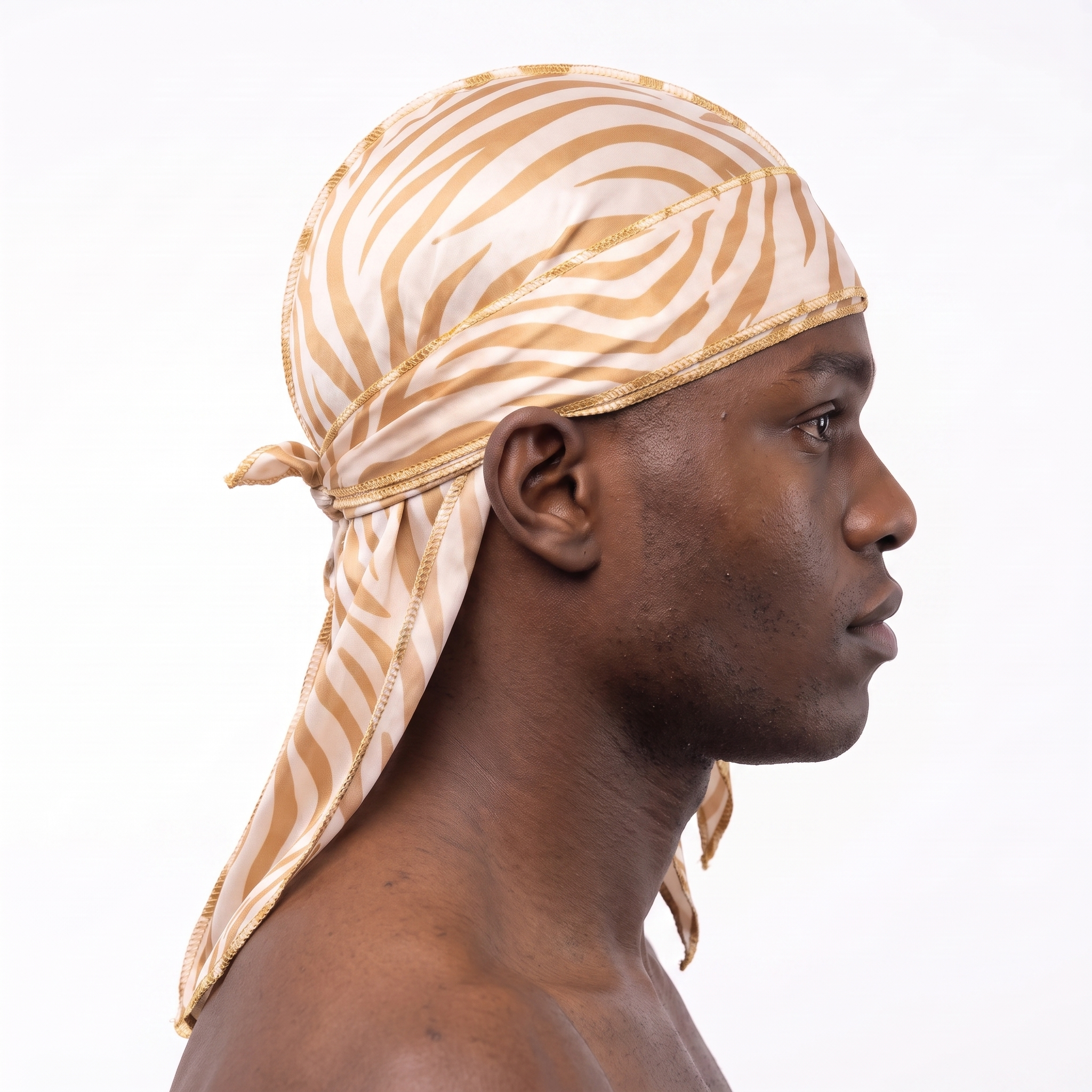 Zebra Cream animal print Satin Silky Durag worn by male model, side profile showing fit and tail drape