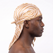 Zebra Cream animal print Satin Silky Durag worn by male model, side profile showing fit and tail drape