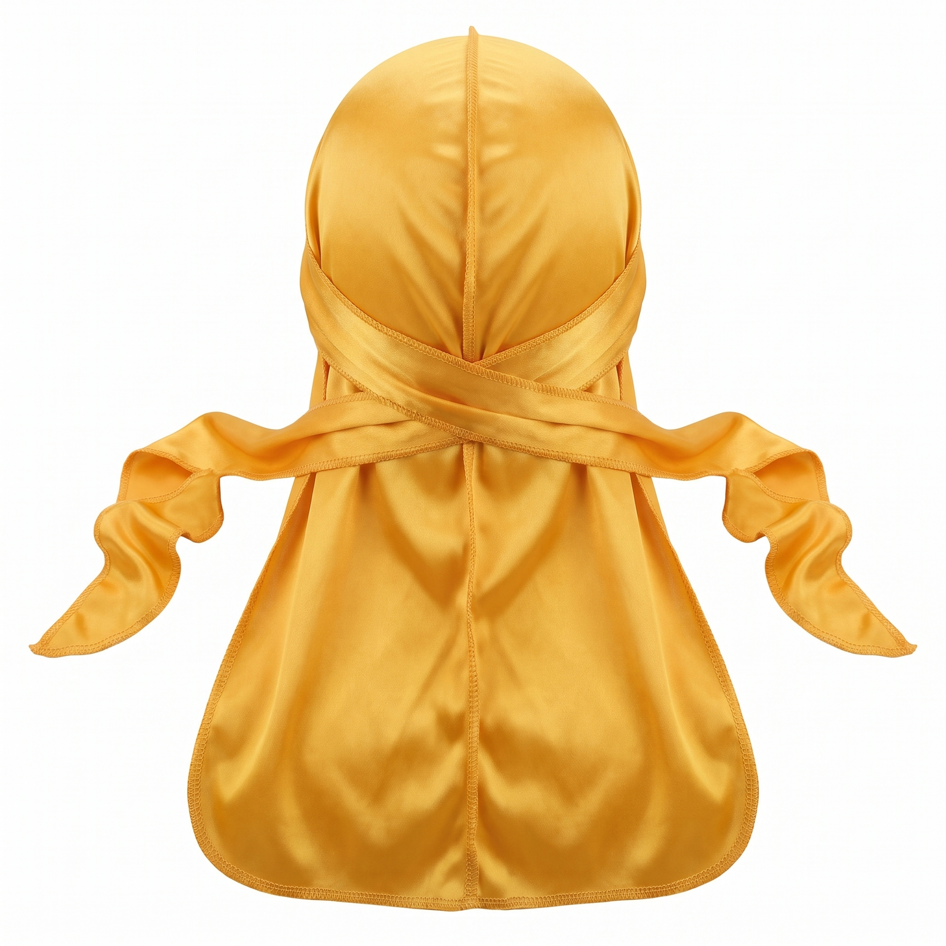 Premium Silk Durag Butterscotch Yellow - premium heavy silky durag back view showing wrap straps, tail and stitching