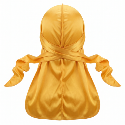 Premium Silk Durag Butterscotch Yellow - premium heavy silky durag back view showing wrap straps, tail and stitching