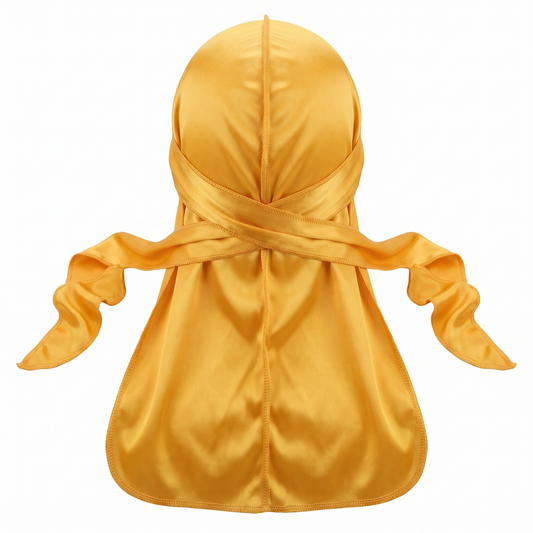 Premium Silk Durag Butterscotch Yellow - premium heavy silky durag back view showing wrap straps, tail and stitching