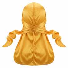 Premium Silk Durag Butterscotch Yellow - premium heavy silky durag back view showing wrap straps, tail and stitching
