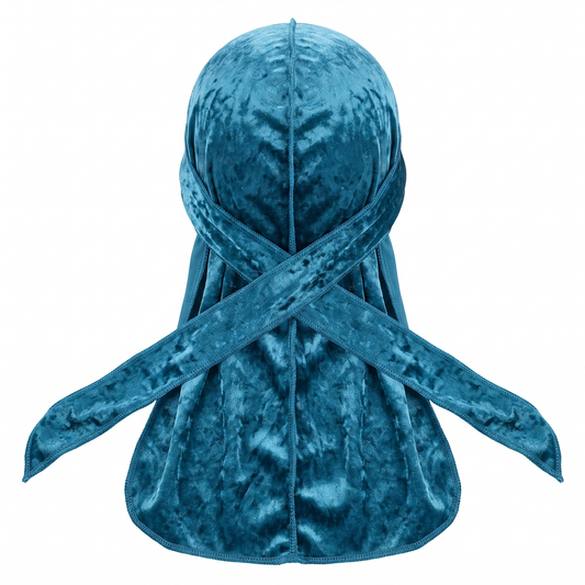 Premium Crushed Velvet Teal Blue Durag - premium velvet durag back view showing wrap straps, tail and stitching