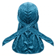 Premium Crushed Velvet Teal Blue Durag - premium velvet durag back view showing wrap straps, tail and stitching