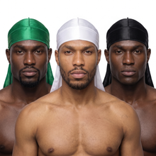 Premium Silk Durag Bundle Green - three models wearing Green, White and Black heavy silky durags