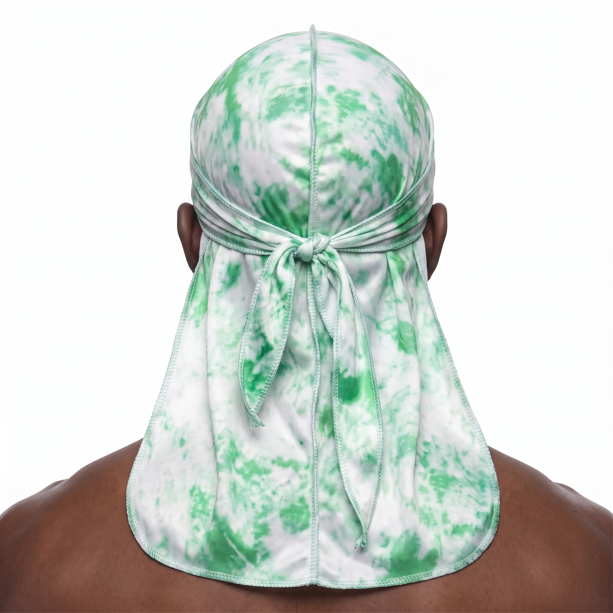 Green Tye Dye Satin Silky Durag worn by male model, back view showing tied wrap and tail