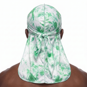 Green Tye Dye Satin Silky Durag worn by male model, back view showing tied wrap and tail