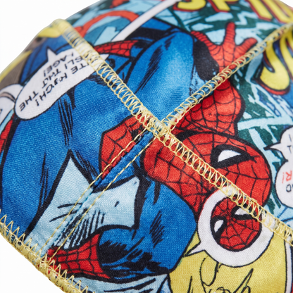 Spider Man web graphic Satin Silky Durag fabric close-up showing Spider Man web graphic print and stitching detail
