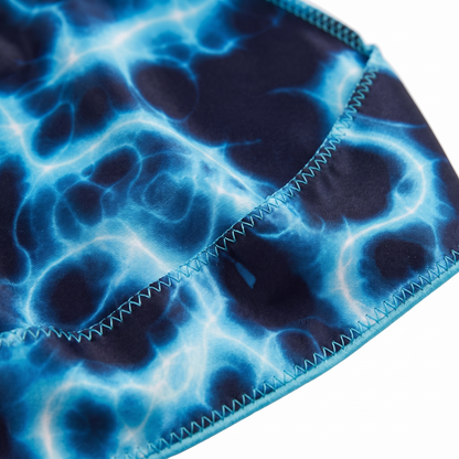 Voltage Blue lightning Satin Silky Durag fabric close-up showing Voltage Blue lightning print and stitching detail