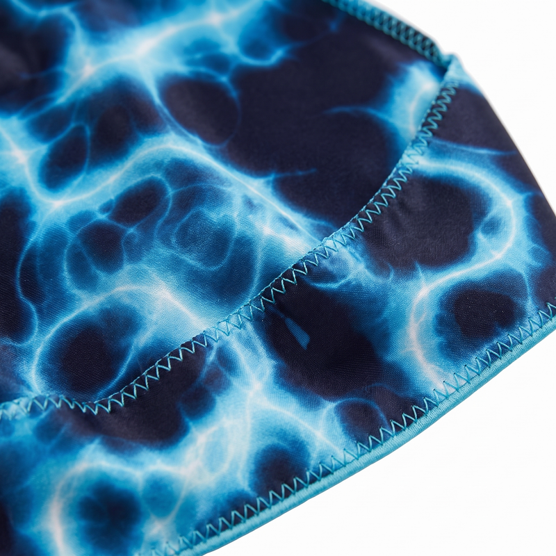 Voltage Blue lightning Satin Silky Durag fabric close-up showing Voltage Blue lightning print and stitching detail