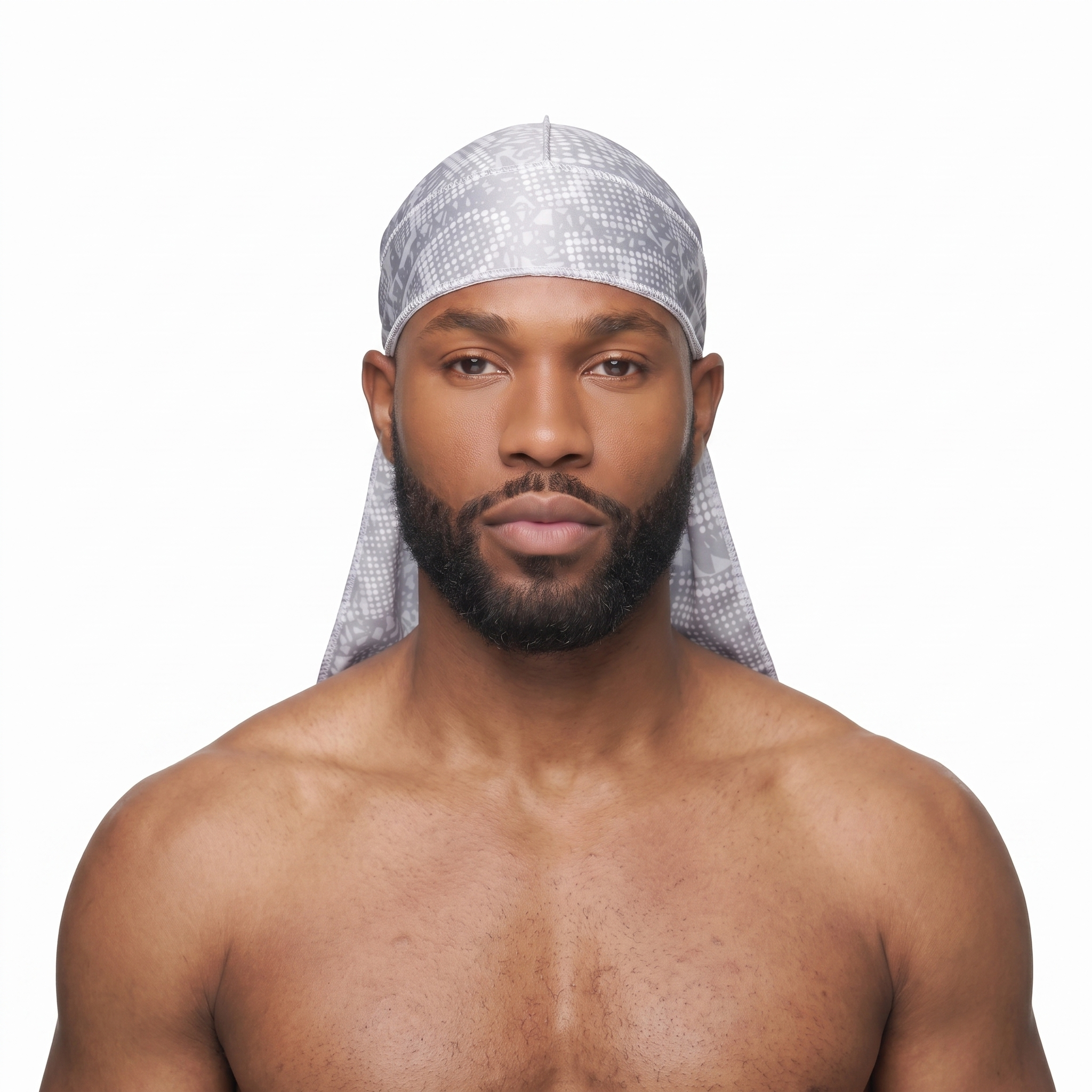 Digital Chameleon Ash pixel camo Satin Silky Durag worn by male model, front view on white background