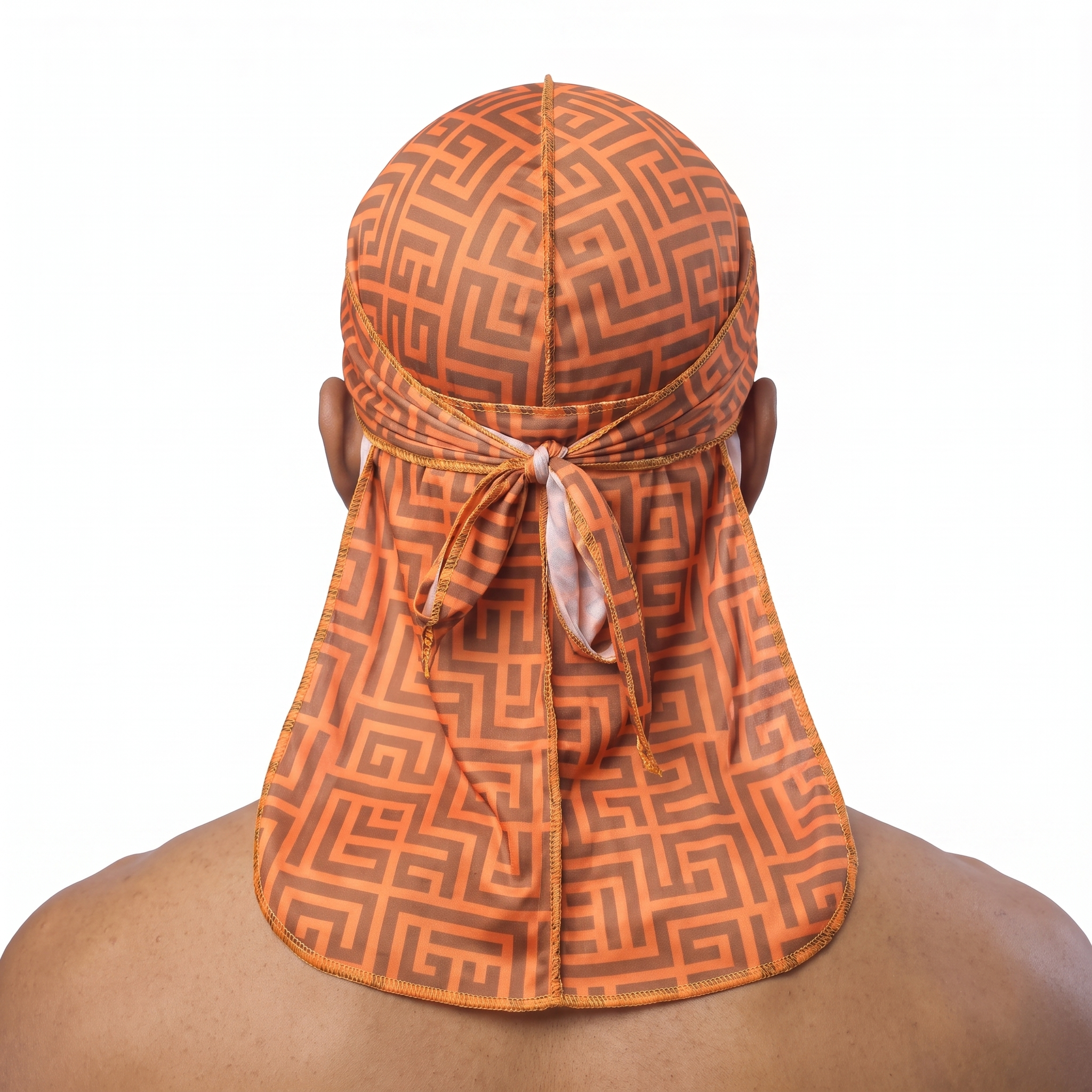 Orange and Brown Maze geometric Satin Silky Durag worn by male model, back view showing tied wrap and tail
