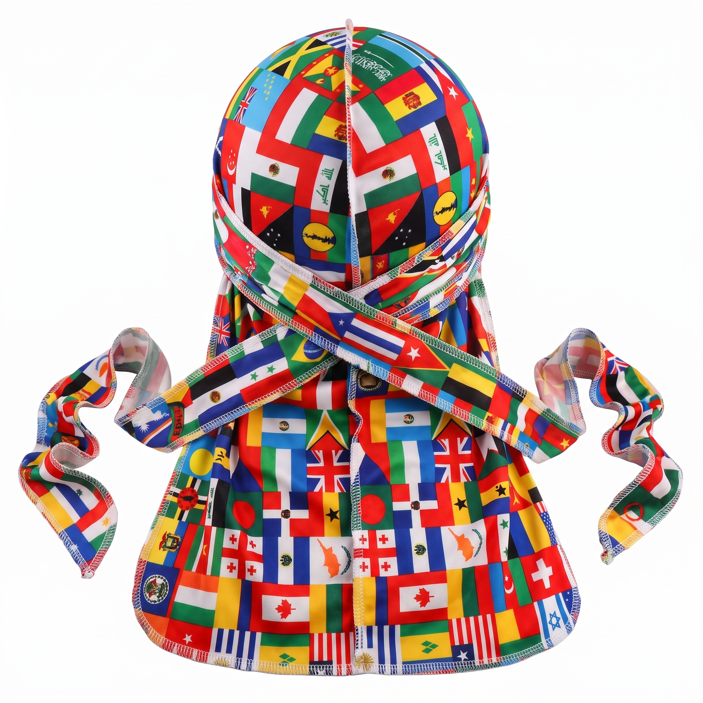 Elite Pattern White International-Print Durag - premium durag back view showing wrap straps, tail and stitching