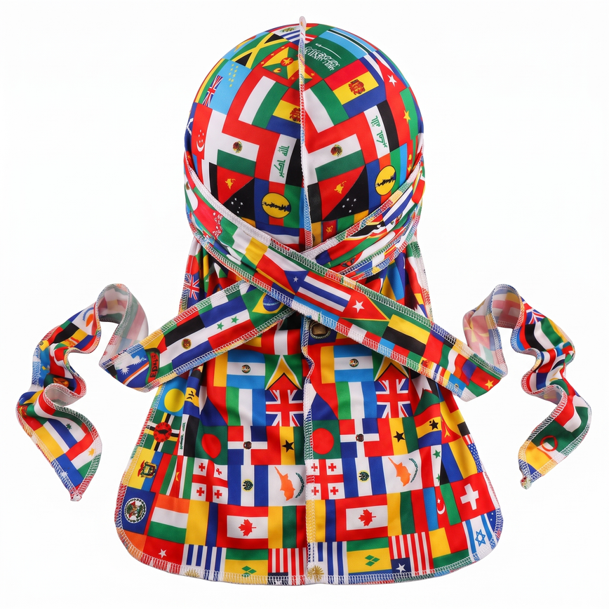 Elite Pattern White International-Print Durag - premium durag back view showing wrap straps, tail and stitching