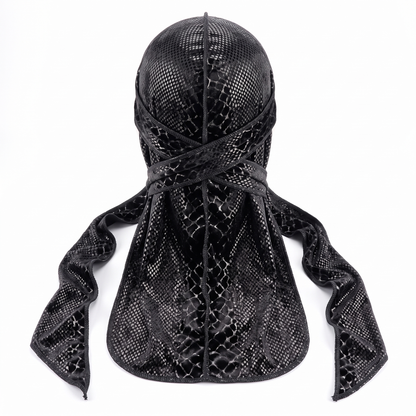 Elite Pattern Black Snake-Print Velvet Durag - premium durag back view showing wrap straps, tail and stitching