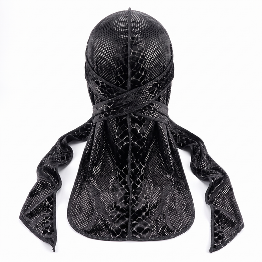 Elite Pattern Black Snake-Print Velvet Durag - premium durag back view showing wrap straps, tail and stitching