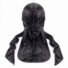 Elite Pattern Black Snake-Print Velvet Durag - premium durag back view showing wrap straps, tail and stitching
