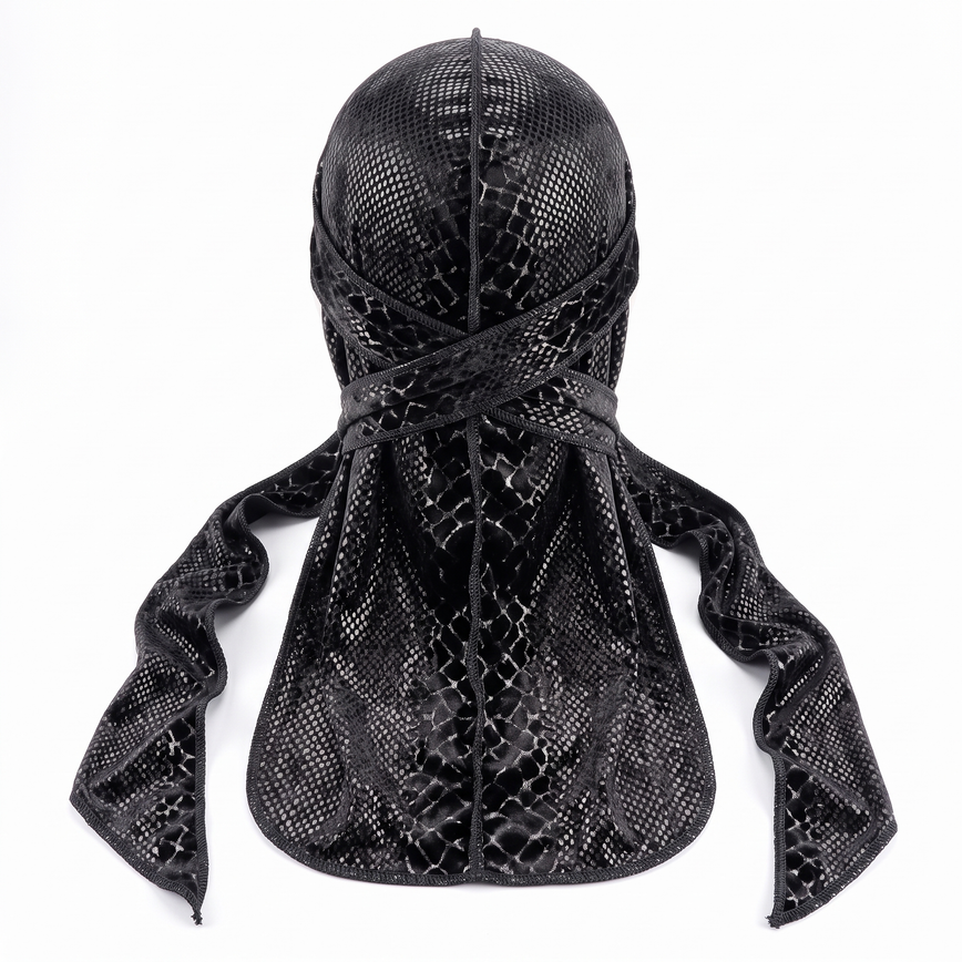 Elite Pattern Black Snake-Print Velvet Durag - premium durag back view showing wrap straps, tail and stitching