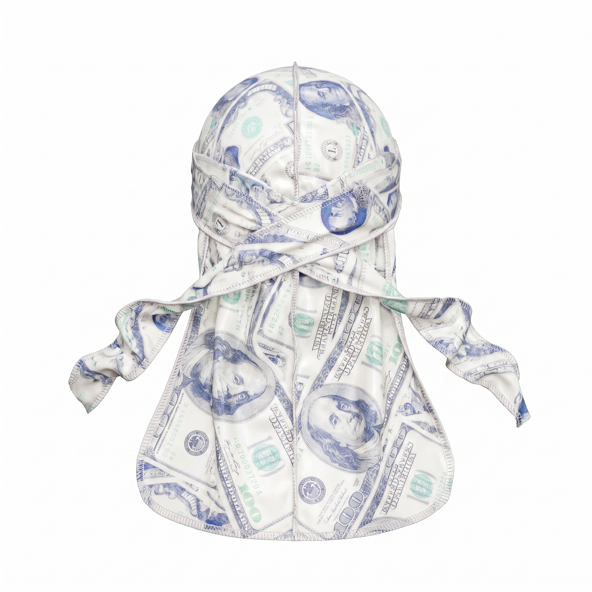 Old Hundreds money print Satin Silky Durag - premium silky durag back view showing wrap straps, tail and stitching
