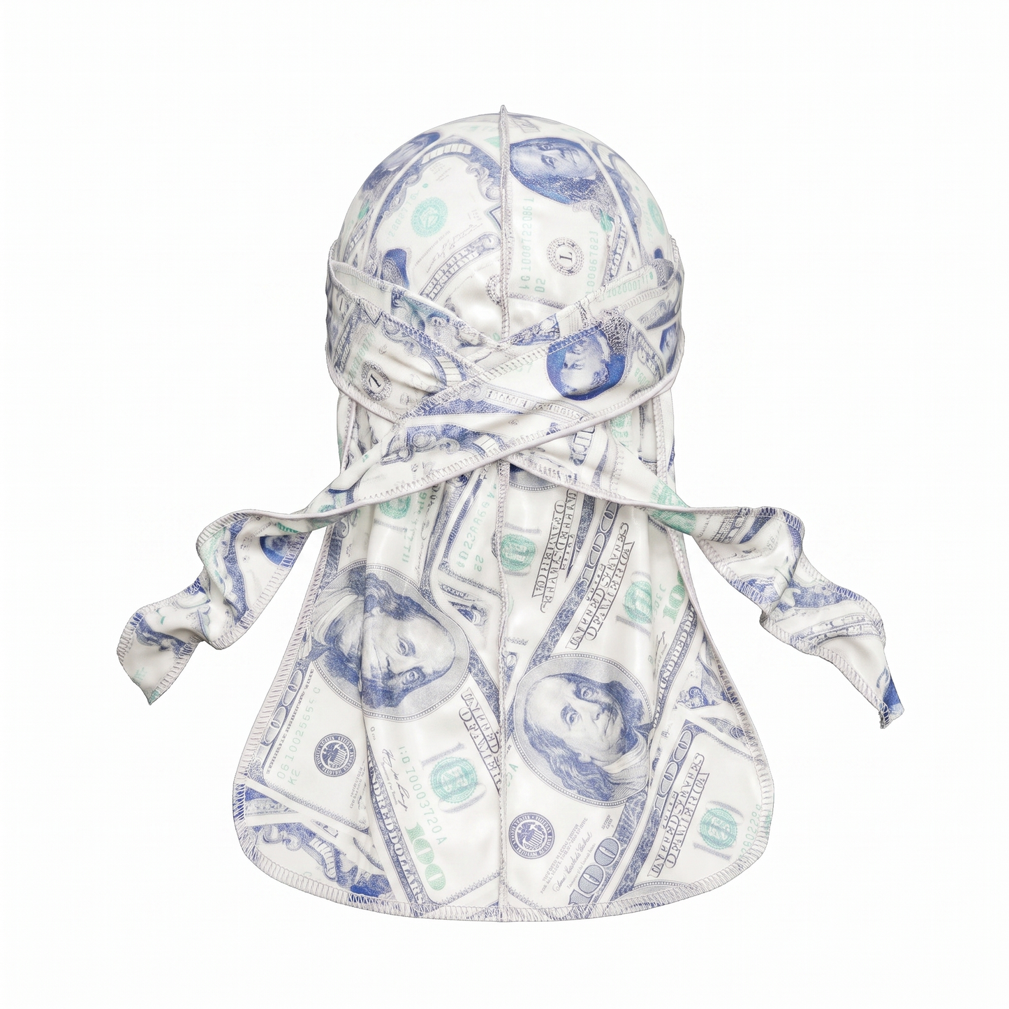 Old Hundreds money print Satin Silky Durag - premium silky durag back view showing wrap straps, tail and stitching