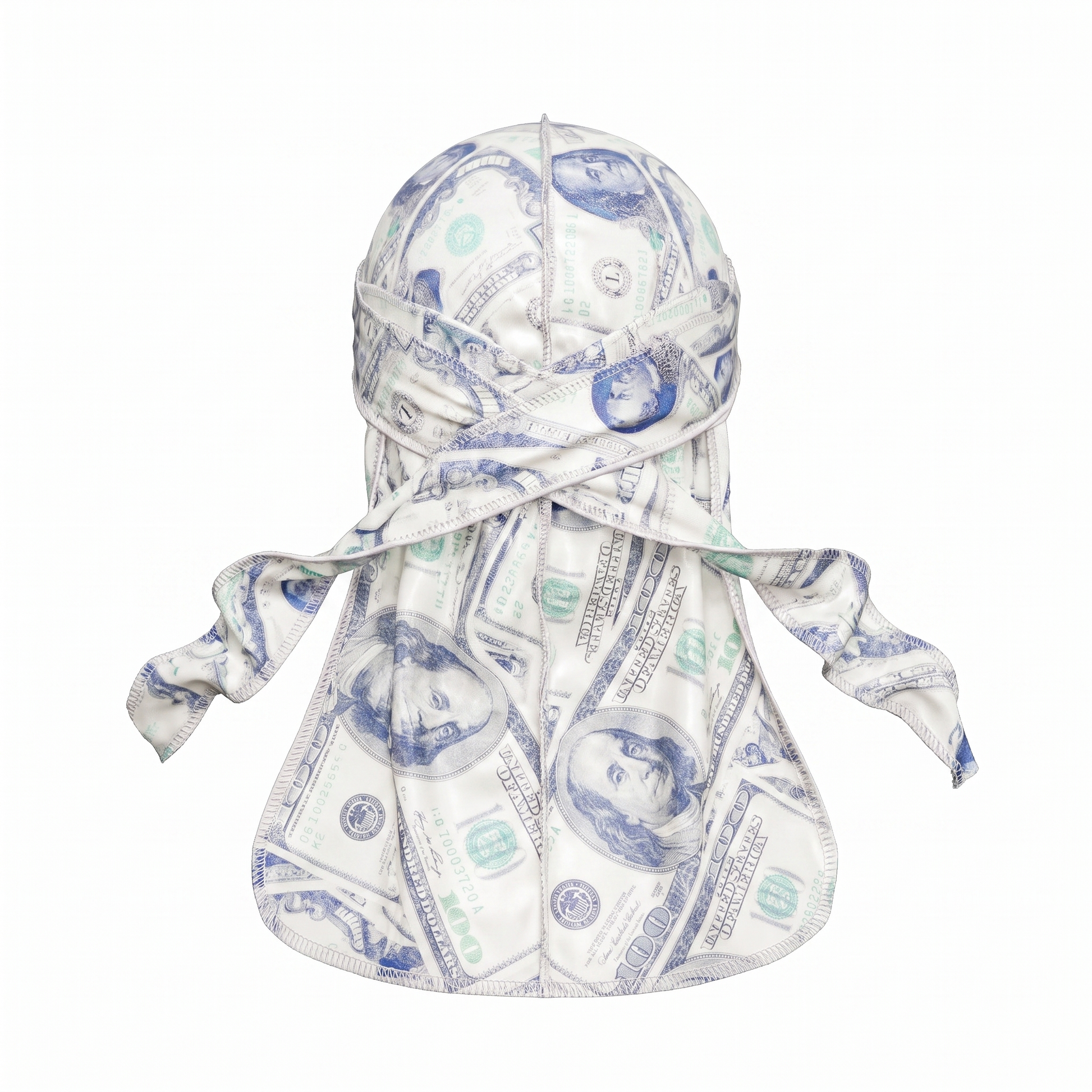 Old Hundreds money print Satin Silky Durag - premium silky durag back view showing wrap straps, tail and stitching