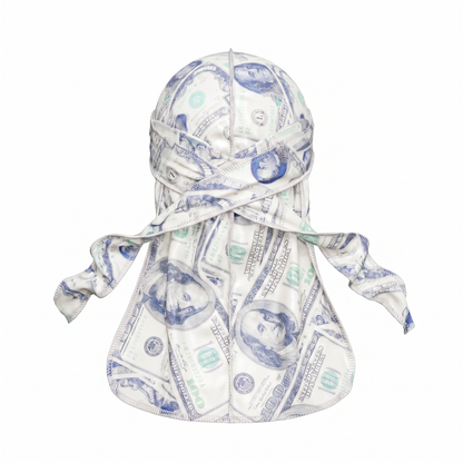 Old Hundreds money print Satin Silky Durag - premium silky durag back view showing wrap straps, tail and stitching