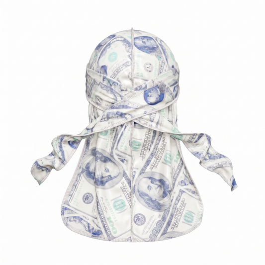 Old Hundreds money print Satin Silky Durag - premium silky durag back view showing wrap straps, tail and stitching