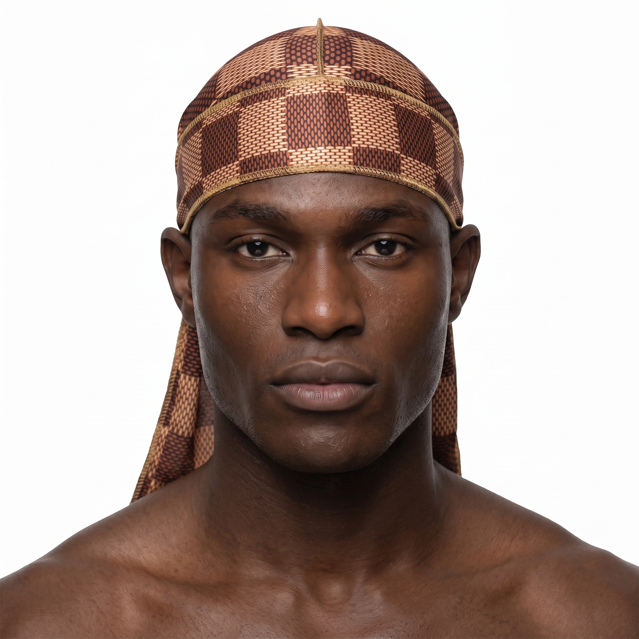 Checkered Brown Satin Silky Durag worn by male model, front view on white background