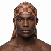 Checkered Brown Satin Silky Durag worn by male model, front view on white background
