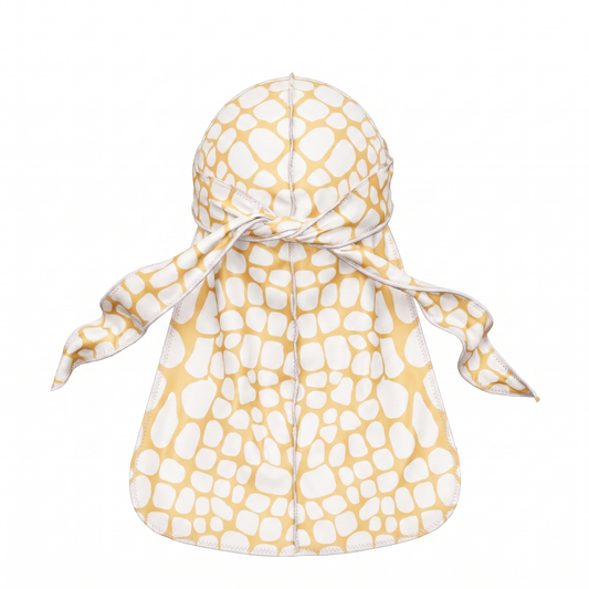 Tan crocodile skin Satin Silky Durag - premium silky durag back view showing wrap straps, tail and stitching