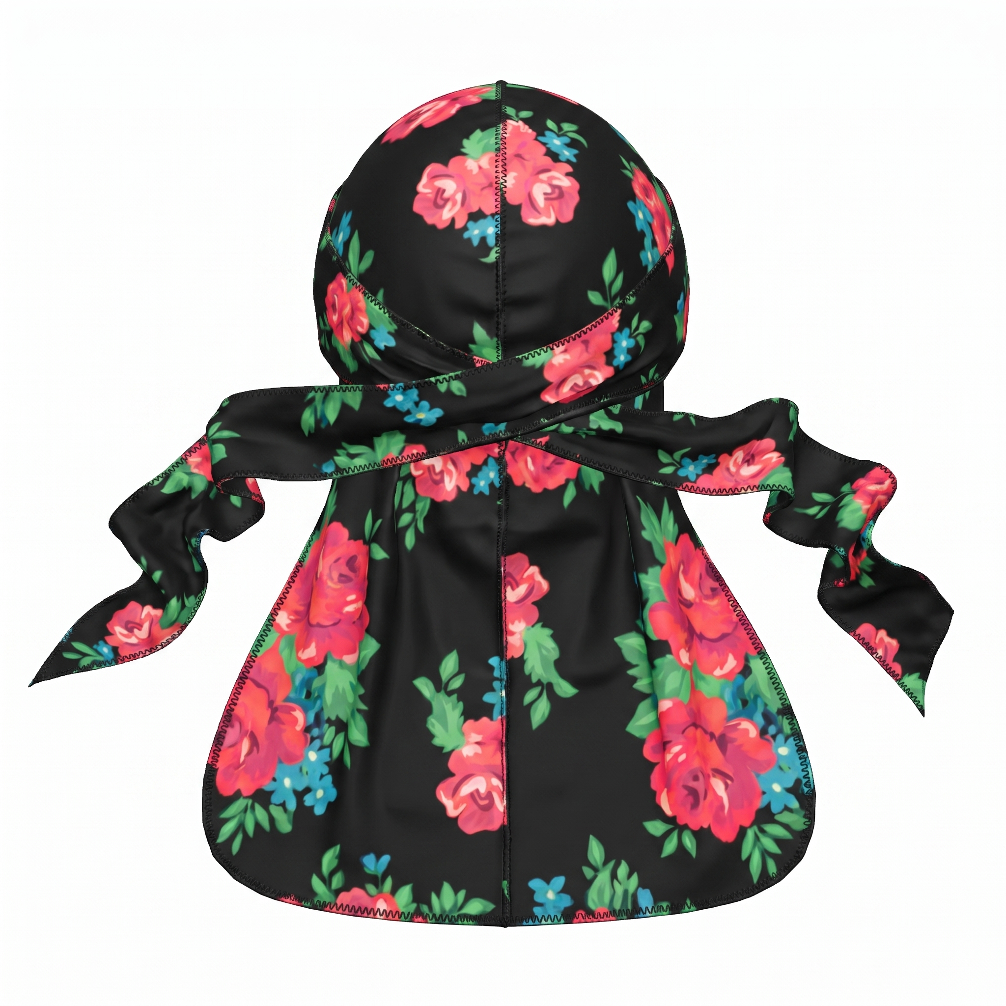 Red Retro Roses floral Satin Silky Durag - premium silky durag back view showing wrap straps, tail and stitching