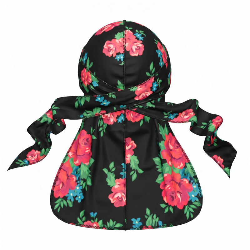 Red Retro Roses floral Satin Silky Durag - premium silky durag back view showing wrap straps, tail and stitching